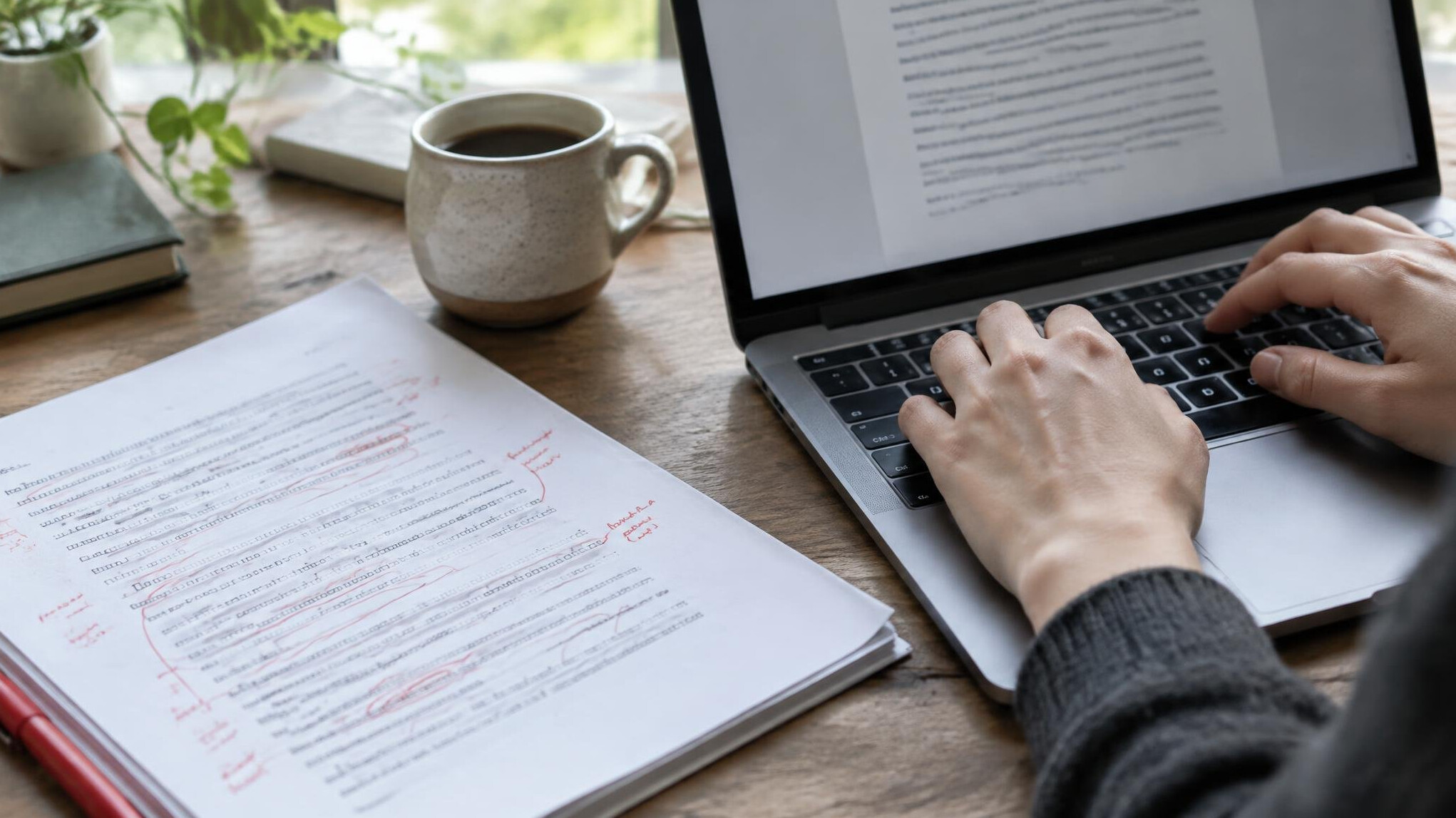 Close up of hands typing a news story on a laptop keyboard