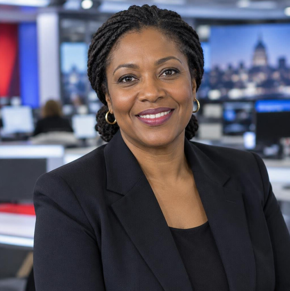 British Black woman senior editor smiling in a newsroom portrait