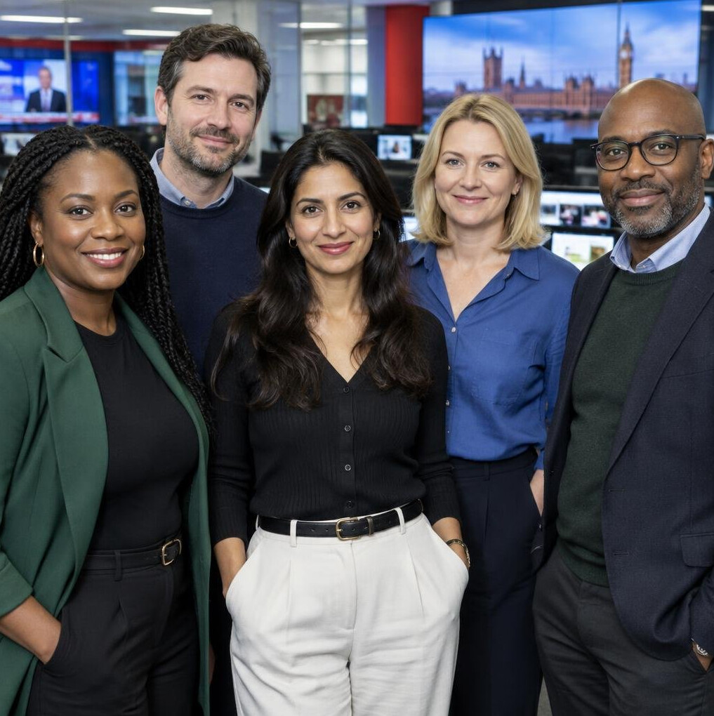 Diverse team of media trainers and editors standing together in a newsroom