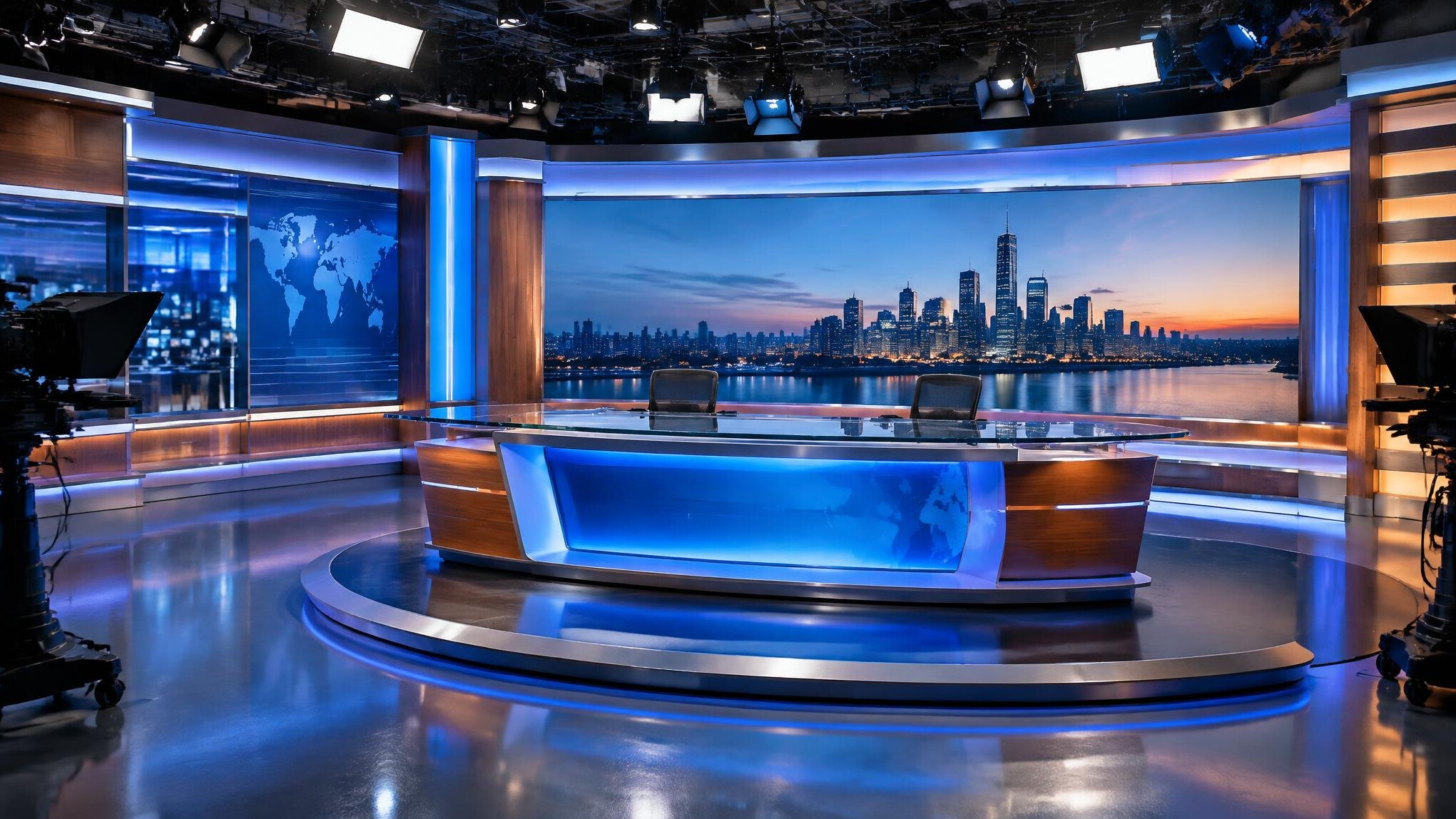 Empty television news studio set with anchor desk and lighting rig