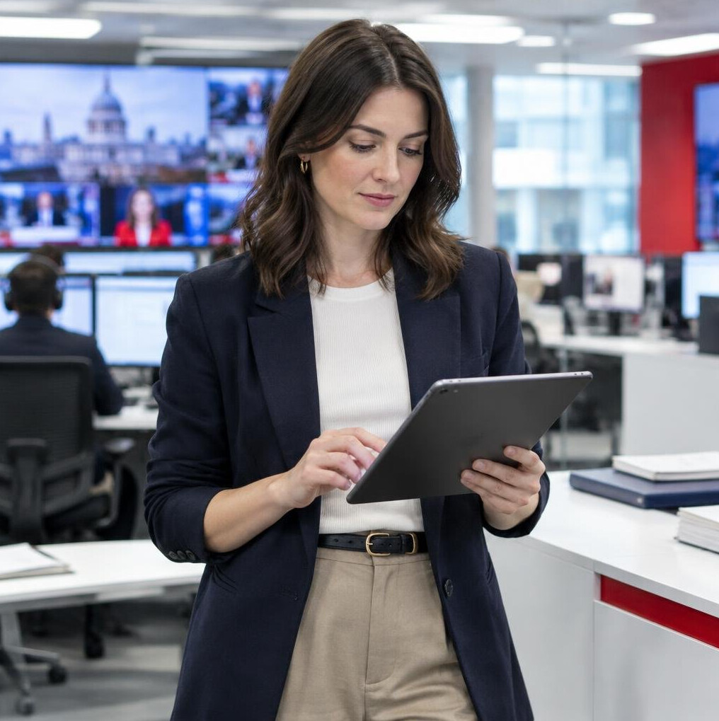 British woman news editor reviewing a headline on a tablet in a bright newsroom