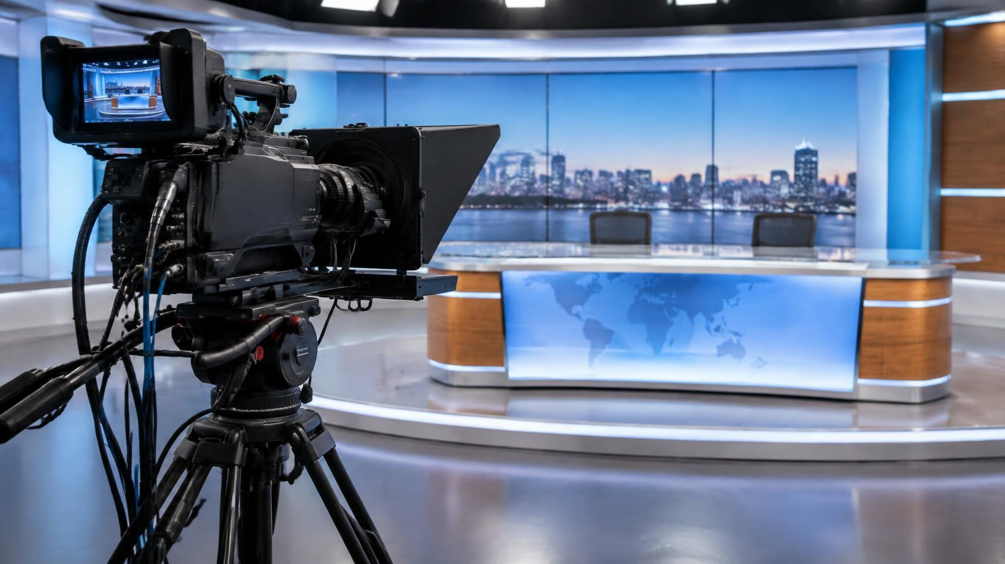 Broadcast camera pointed at a news studio desk with soft studio lighting