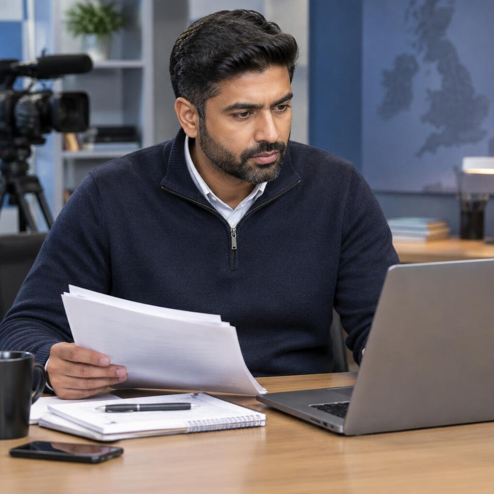 British South Asian man reporter reviewing story notes at a desk