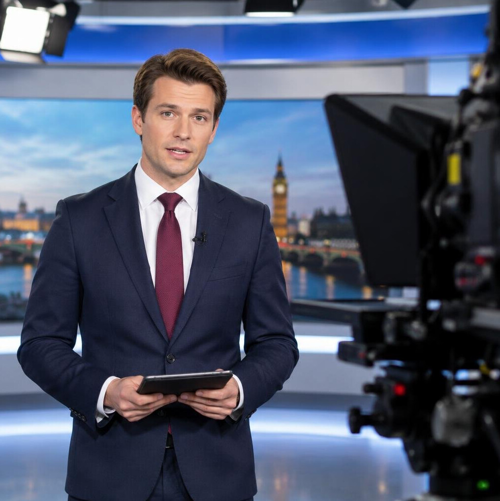 British man presenter recording a studio report in front of a camera