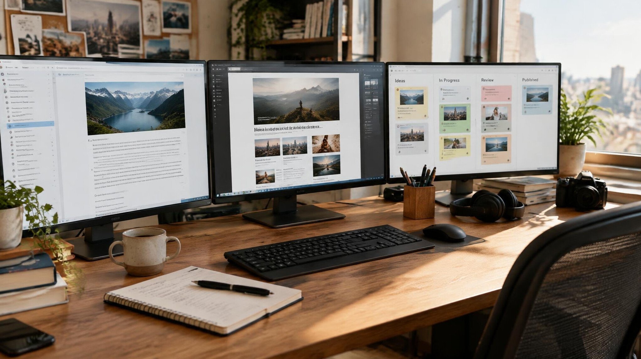Editorial desk with multiple monitors showing story drafts and layout boards